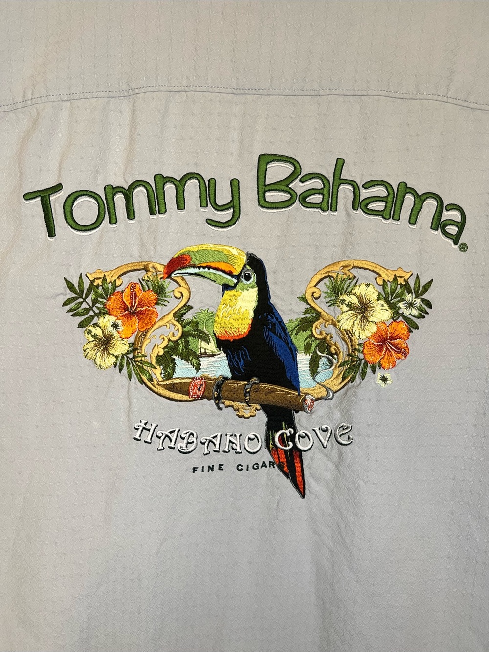 Tommy Bahama Light Gray / Blue Embroidered Cigar Shirt Resortwear Vacation Beach
